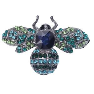 Bee Brooch Blue Green Faux Jewel and Crystals Silver Tone Metal Dainty Size